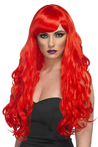 Long, curly red wig with bangs modeled on a person.
