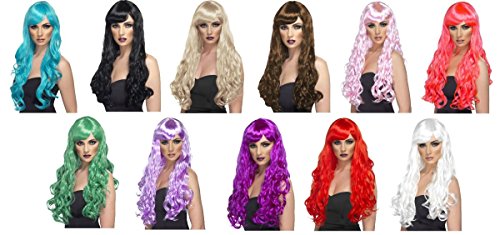 Selection of long, colorful, curly wigs with bangs on mannequin heads.