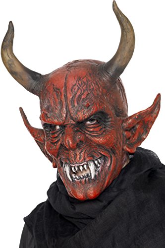 Red devil mask with horns, pointed ears, and bared teeth.