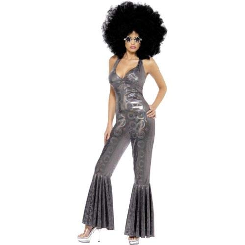 Silver disco jumpsuit with flared legs and large afro wig.