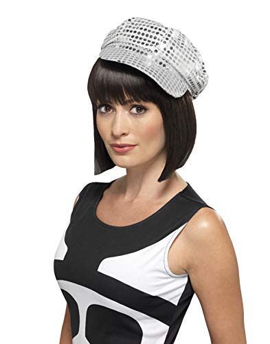 Silver sequined disco hat worn on a mannequin head with brown hair.