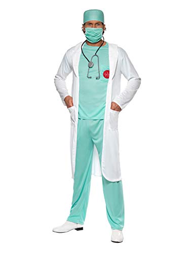 A man wearing a doctor costume with a white coat, green scrubs, cap, and mask.