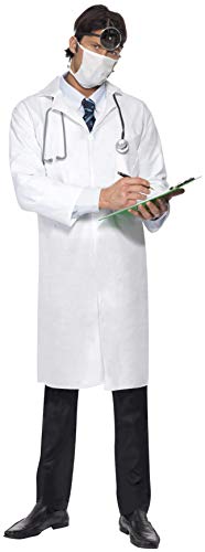 Man dressed as a doctor in a white lab coat, holding a clipboard and pen.