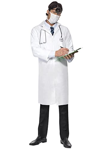 Man in a white doctor's coat with stethoscope and face mask.