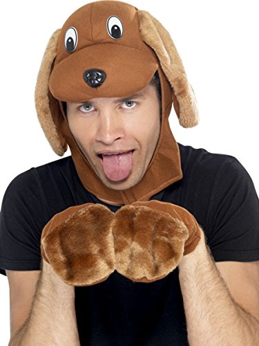Brown dog costume kit with hooded cap and paw gloves.