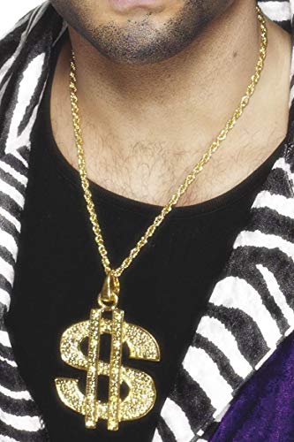 A gold-colored dollar sign pendant on a matching chain worn around the neck.