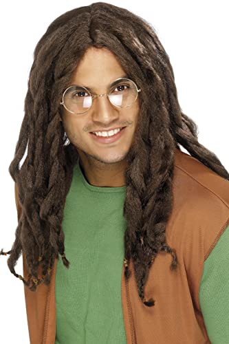 Man wearing a long, brown dreadlock wig and round glasses.