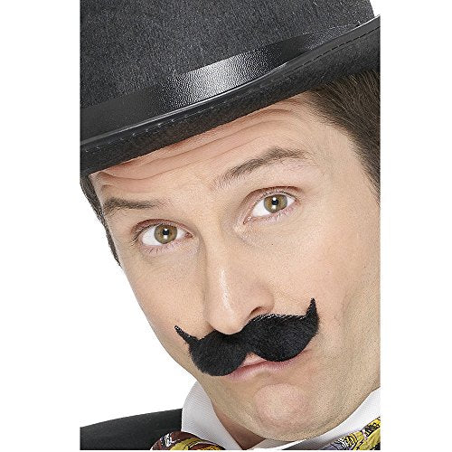 Black, self-adhesive Edwardian mustache on card packaging.