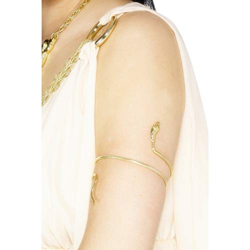 Gold Egyptian-style upper arm bracelet with a snake design on a model.