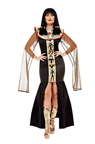 Black and gold Egyptian goddess costume with sheer sleeves and headpiece.