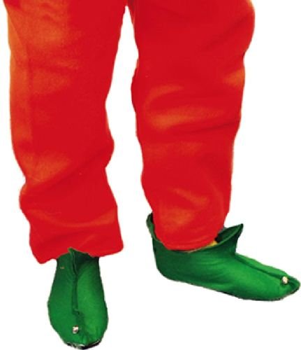 Red trousers and green pointed elf boots on feet.