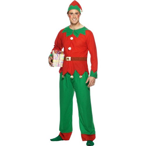 Man wearing a red and green elf costume, holding a gift.