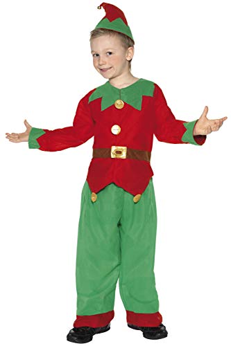 Child wearing a red and green elf costume with pointed hat.