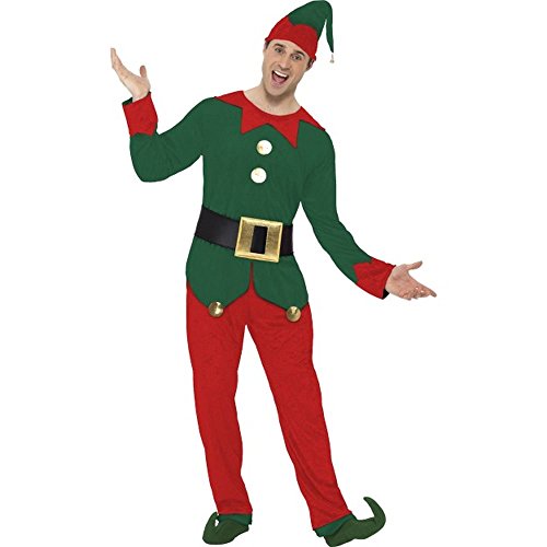 A man wearing a green and red elf costume with a matching hat and shoes.