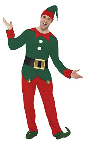 Man wearing a green and red elf costume with pointed shoes.