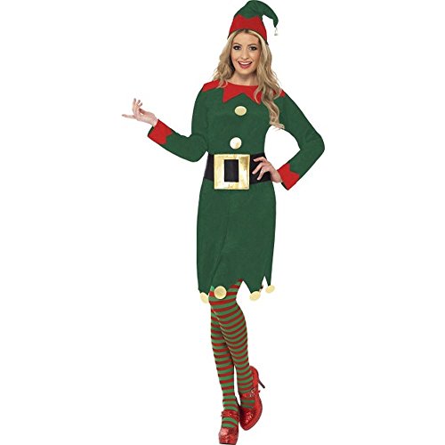 Woman wearing a green elf costume with red trim and striped socks.