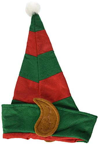 Man wearing a green and red striped elf hat with brown ears and white pom-pom.