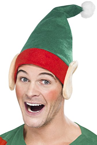 Man wearing a green elf hat with a red band and white pom-pom and ears.