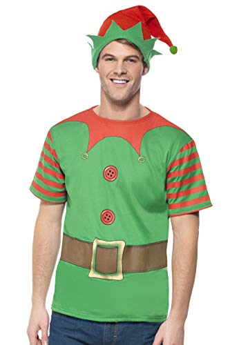 Man wearing a green and red elf costume with pointed hat.