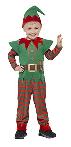 Toddler in a green and red striped elf costume with pointed hat.
