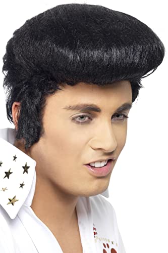 Black Elvis-style wig worn by a person with a white suit collar.