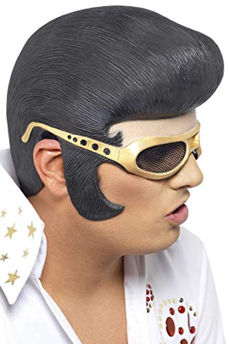Black and gold Elvis wig and sunglasses on a person’s head.
