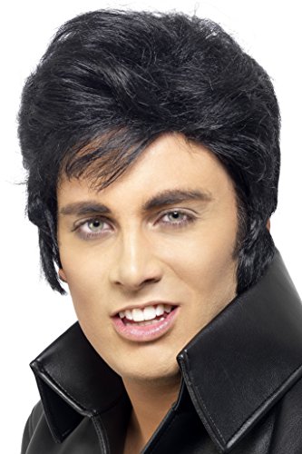 A mannequin head wearing a black Elvis-style wig and a black leather jacket.