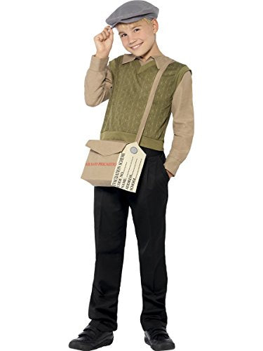 Boy in vintage-style evacuee costume with cap and brown bag.