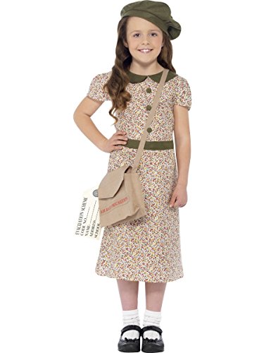 Young girl in a patterned vintage-style evacuee costume with satchel.