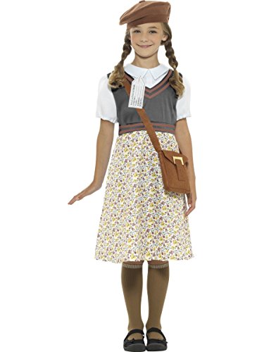A girl wearing a 1940s-style evacuee costume with a floral dress, beret, and satchel.