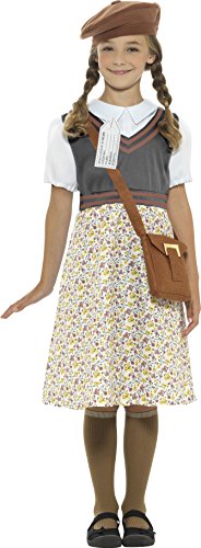 Young girl wearing a grey and white evacuee school girl costume with a brown satchel.