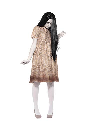 Woman in a pale floral dress with long dark hair, ghostly appearance.
