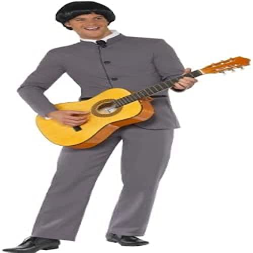 Man wearing a gray 1960s-style suit and bowl-cut wig playing an acoustic guitar.