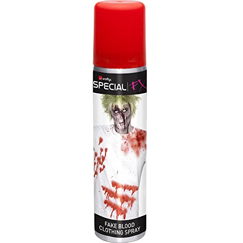 A can of fake blood spray with a zombie image on the label.