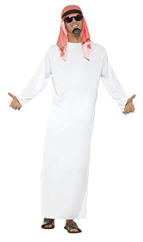 Man in white robe, red headscarf, and sunglasses, gesturing with hands.