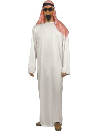 Man wearing a white Sheikh costume with red checkered headwear.