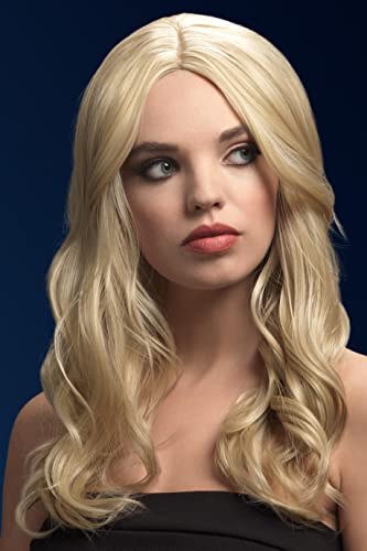 Long, wavy dark blonde wig worn by a woman with fair skin.