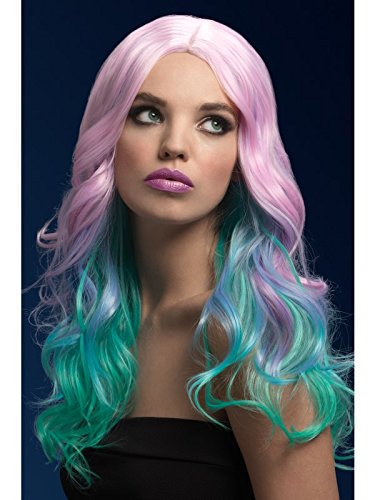 Woman wearing a pastel pink to turquoise ombre wig, looking directly at the camera.
