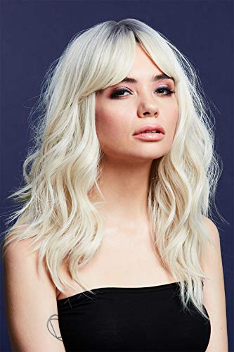 Long, wavy blonde and silver wig worn by a woman.