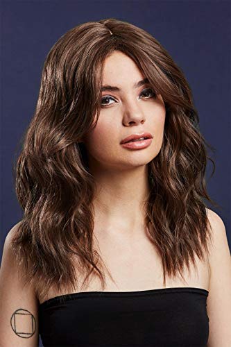 Woman wearing a long, wavy, two-toned brown wig.