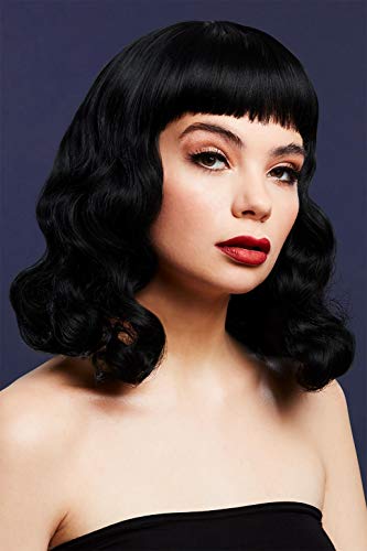 Black bob wig with short, blunt fringe modeled on a woman.