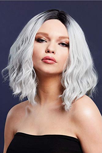 Woman modeling a wavy, two-toned black and silver shoulder-length wig.
