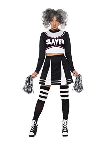 Black gothic cheerleader costume with white accents and grey curly hair.
