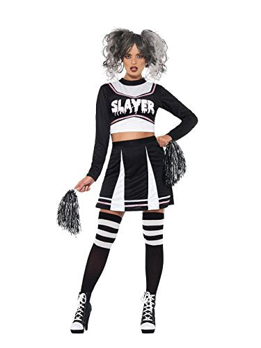A woman in a black and white cheerleader costume with "Slayer" text, holding silver pompoms.
