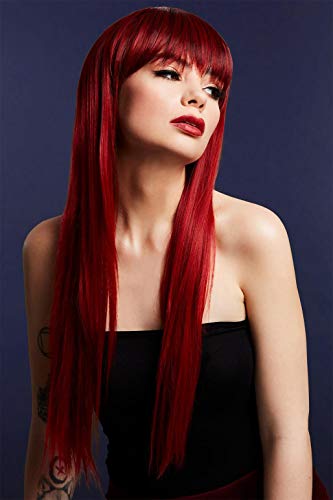 A woman wearing a long, straight, vibrant red wig with blunt bangs.