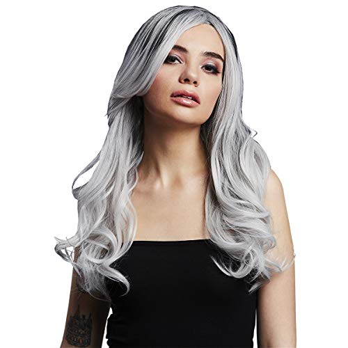 Woman modeling a long, wavy, silver and white wig.