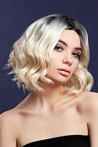 Woman modeling a wavy, two-toned blonde and black shoulder-length wig.