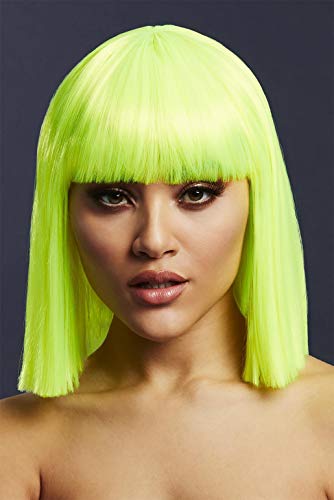 Bright yellow, blunt-cut bob wig worn by a person with brown eyes.