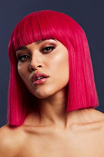 Woman modeling a bright pink, blunt-cut bob wig with bangs.