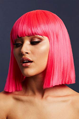 Woman wearing a bright pink, blunt-cut bob wig with bangs.